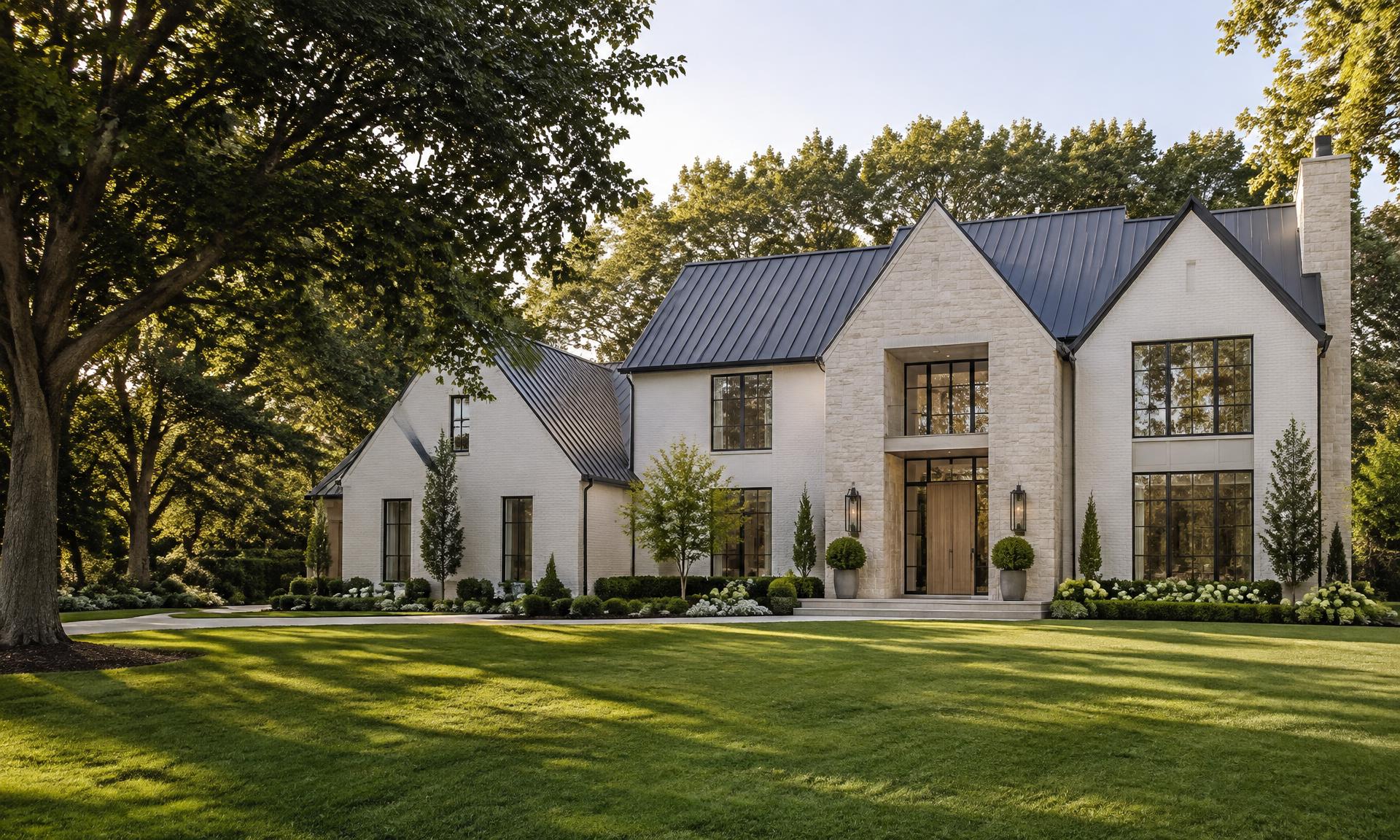 Architectural concept of a contemporary home with a sunlit lawn
